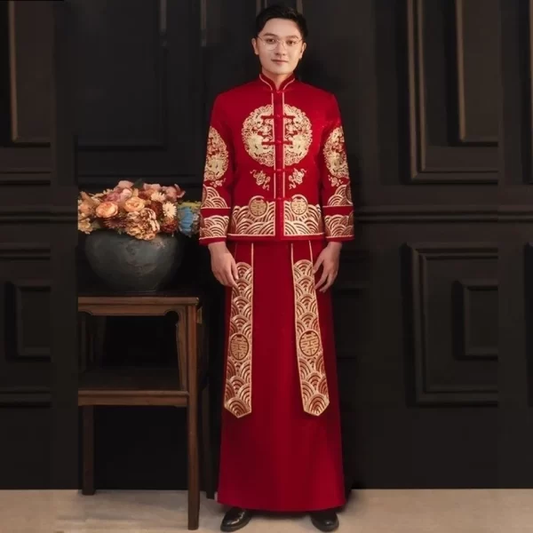 A groom stands proudly next to a traditional Chinese floral arrangement, dressed in his Miraclands wedding attire. His red Chinese wedding dress hanfu is adorned with exquisite dragon embroidery and showcases traditional tailoring that reflects the classical elegance and festivity of Chinese culture. This ensemble, a perfect blend of tradition and luxury, is ideal for those seeking dresses for wedding ceremony with a touch of cultural heritage. For those in search of a dress wedding simple yet rich in meaning, this dress wedding option stands out, combining the best of Eastern tradition with a modern twist. The groom’s attire complements the bride of America who may choose a western wedding dress or even explore the elegance of bridal dress for men options available in a wedding shop near me. For brides looking for something unique, consider a wedding dress from China or explore the luxurious options in wedding gowns China that are perfect for a multicultural wedding. Whether you're drawn to western wedding dresses or prefer the rich tradition of a Chinese wedding dress hanfu, this collection offers something for everyone. The attire also aligns with modern-bride aesthetics, blending traditional elements with modern wedding dresses design, making it suitable for those who appreciate both traditional wedding wear and modern dress for wedding. The groom’s outfit is not just a bridal dress for men, but a statement of cultural pride, making it perfect for the modern bride who values heritage and style. For weddings in the UK, those interested in Asian wedding wear UK or Asian wedding dresses UK will find this attire particularly appealing. The groom’s outfit fits seamlessly with Asian bridal outfits UK, offering a rich blend of tradition and modernity. Whether in a western bridal wear setting or among Asian wedding outfits, this traditional wedding gown brings a touch of classical elegance to any celebration.